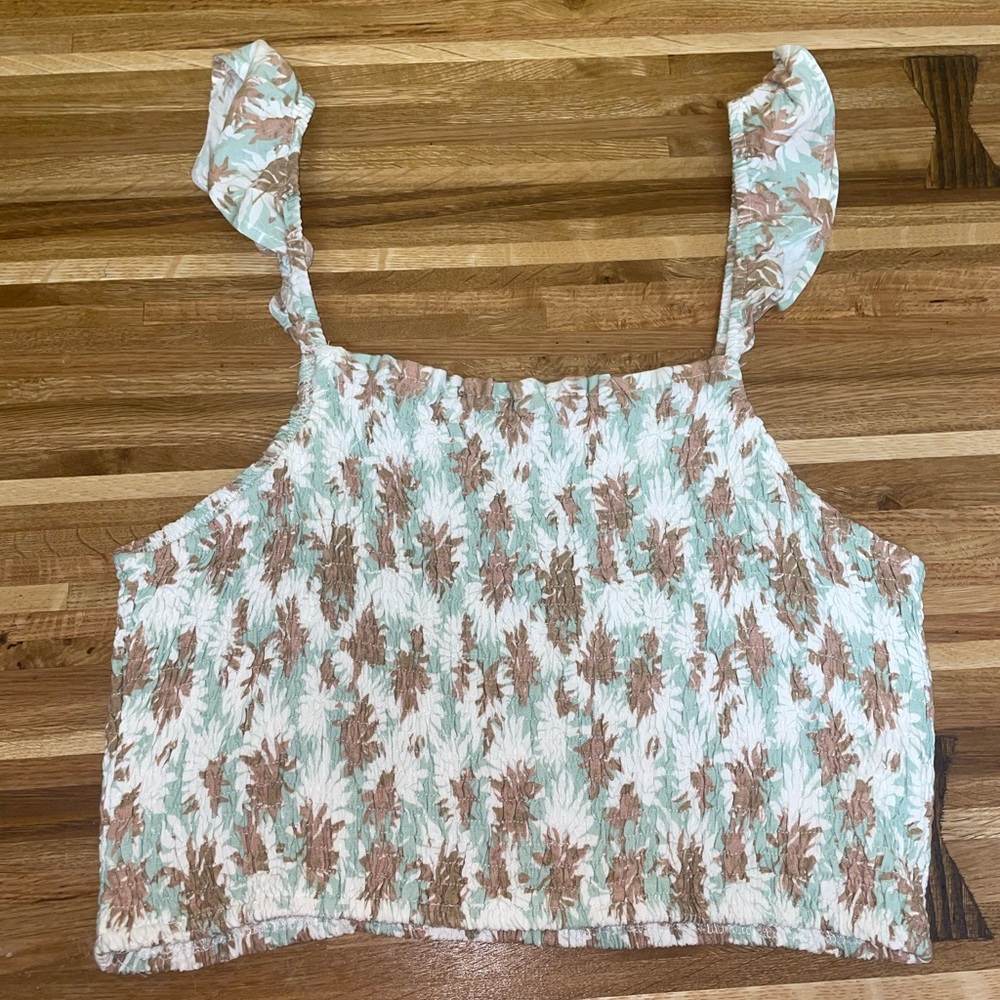 Paper Crane White and Green Smocked Crop Tank Top